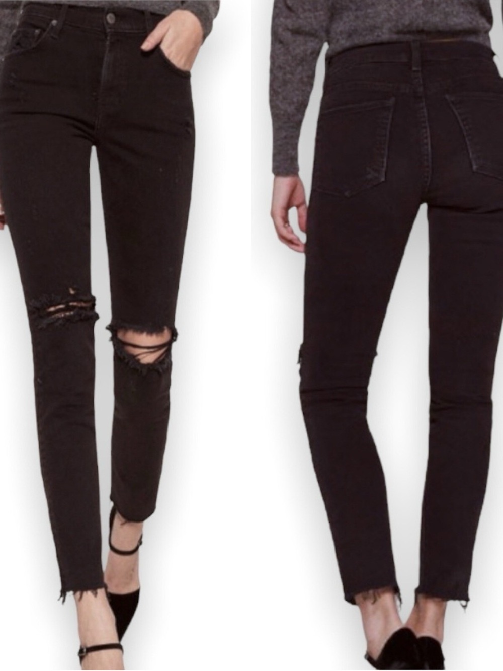 Reformation Camille Skinny Jeans in Black High Rise Distressed Knee Size 26 - Picture 4 of 9